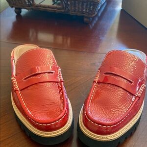 Donald Pliner Red Leather Loafers with Black lug Soles